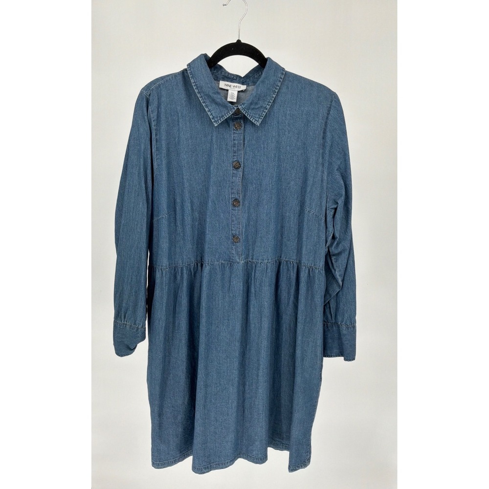 Nine West Jeans Brentwood Denim Shirt Dress Womens XXL Blue Long Sleeve NWT